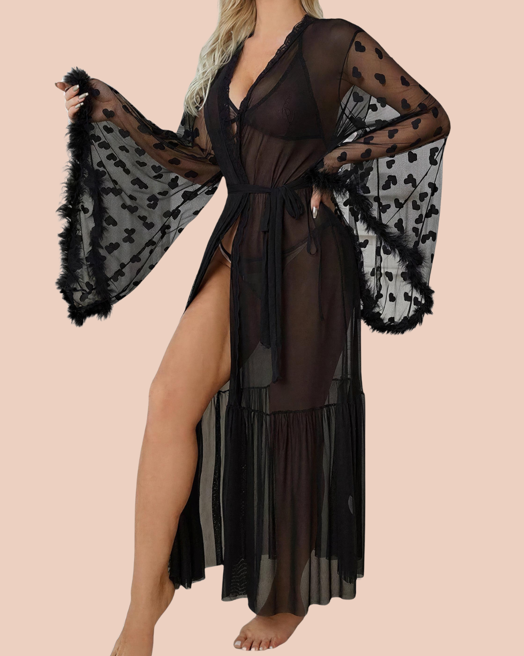 Sheer lace robe in black with heart-lace trim and feather cuffs, SHAPE Lingerie Noir