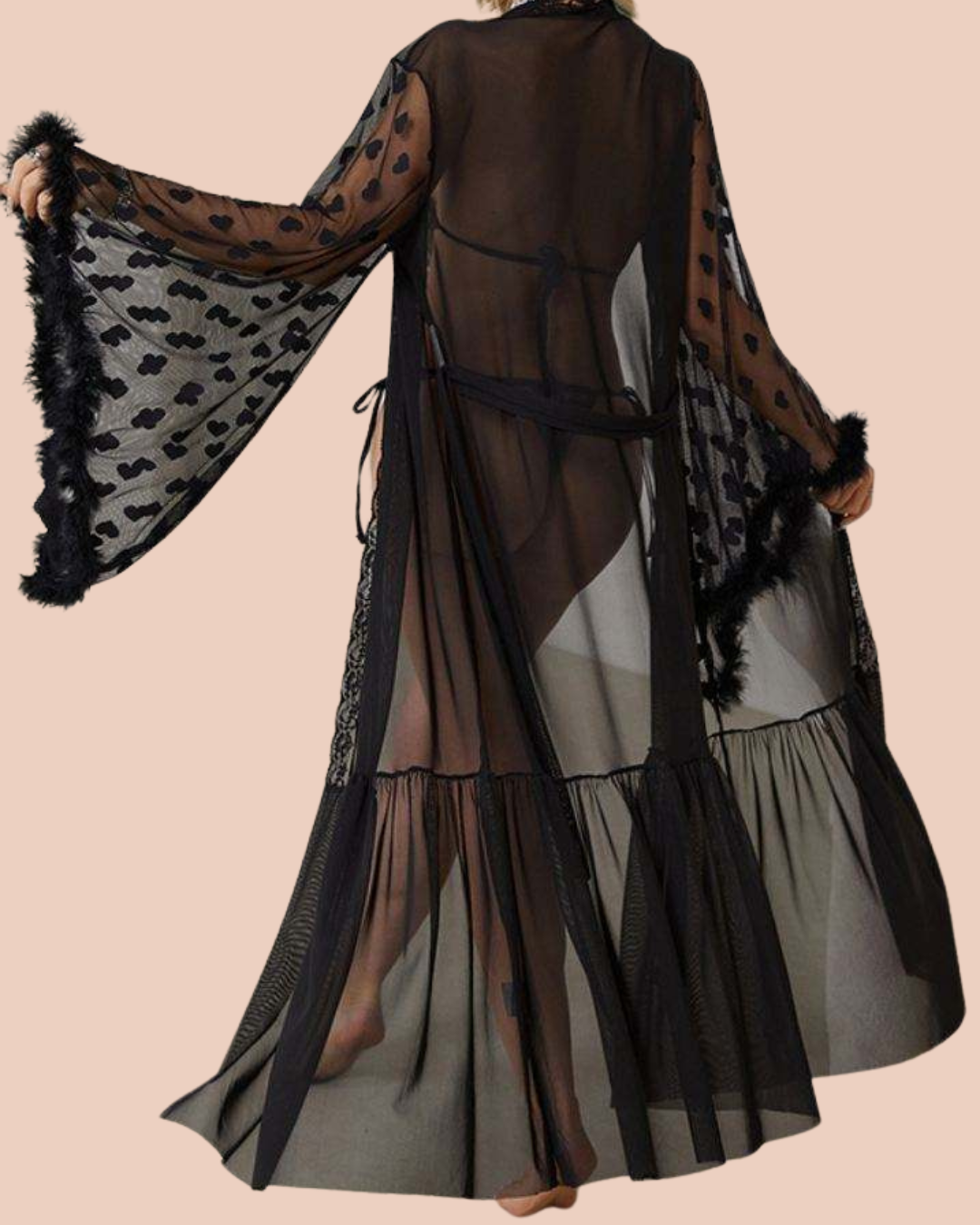 Sheer lace robe in black with satin tie waist, SHAPE Lingerie Noir