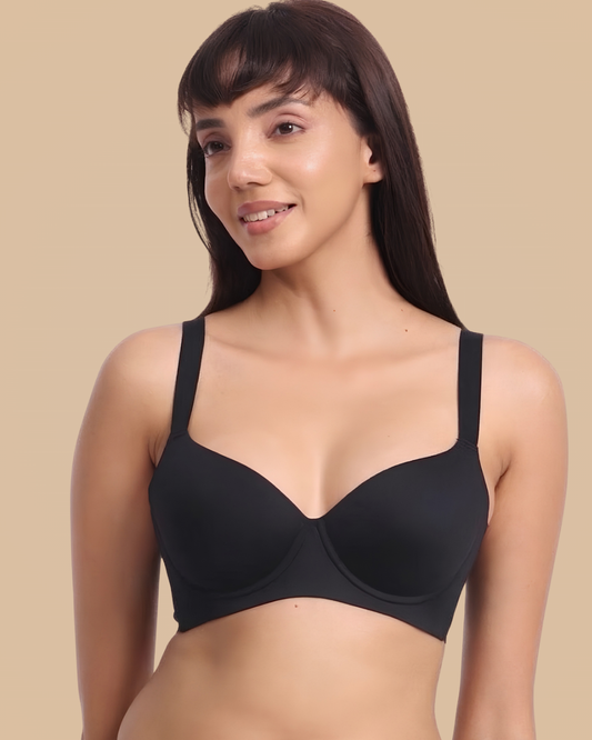T-Shirt Push Up Bra in Black, front view, worn by a model, SHAPE Lingerie