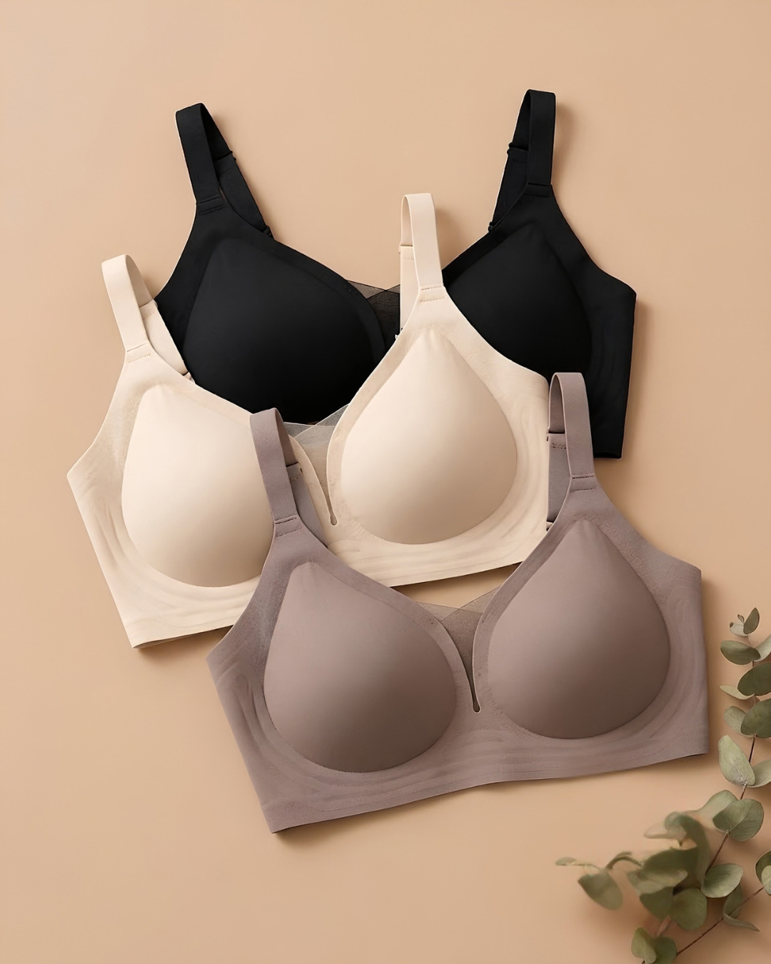 VLite Seamless Bra in Midnight Black, Beige and Coffee, flat lay of all three colours, SHAPE Lingerie