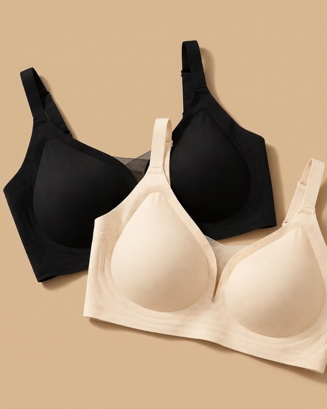 VLite Seamless Bra in Midnight Black and Beige, flat lay, SHAPE Lingerie
